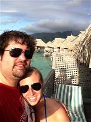 Honeymooners Matt and Kristi in Moorea with their overwater bungalow!